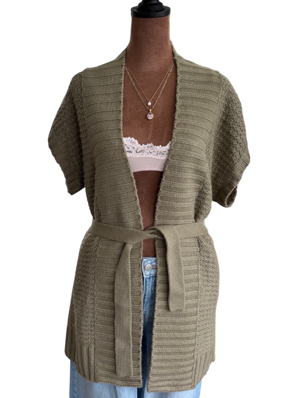 Talie Short Sleeve Woven Knit Cardigan Belted Open Front Soft Green Summer Small